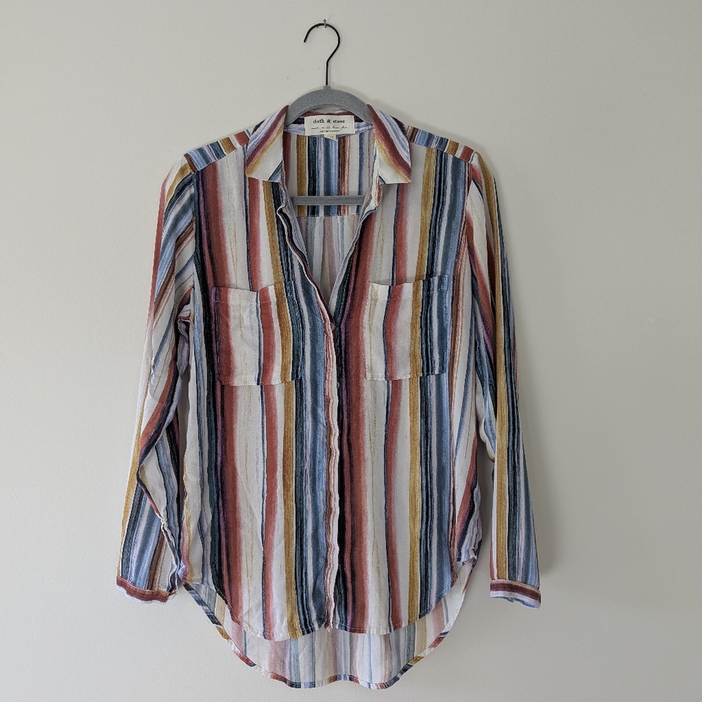 Anthropologie Cloth & Stone Small Button Down Shirt Striped Print Semi Sheer